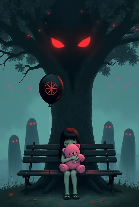 A  sitting on a bench in a park all alone hugging a pink teddy bear, next to her a floating black balloon with the symbol of danger, behind there are several shadows like ghosts looking at her from afar with a dark red aura, there is a tree that shelters t...