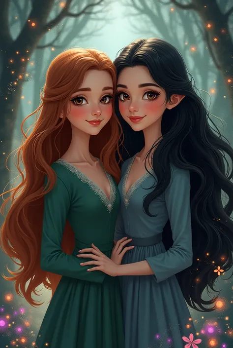 Two Disney sisters, one long hair chatin, the other long black hair with a magic background.