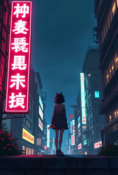 anime scene of a woman standing on a ledge in front of a neon sign, cyberpunk art inspired by Yuumei, pixiv contest winner, conceptual art, anime style cityscape, set in post apocalyptic tokyo, post grunge concept art, stylized urban fantasy artwork, moder...