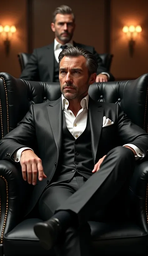 A male billionaire in luxury leather suit in black, Sits in a black luxury leather armchair, Behind it is another man also wearing a luxury leather suit 