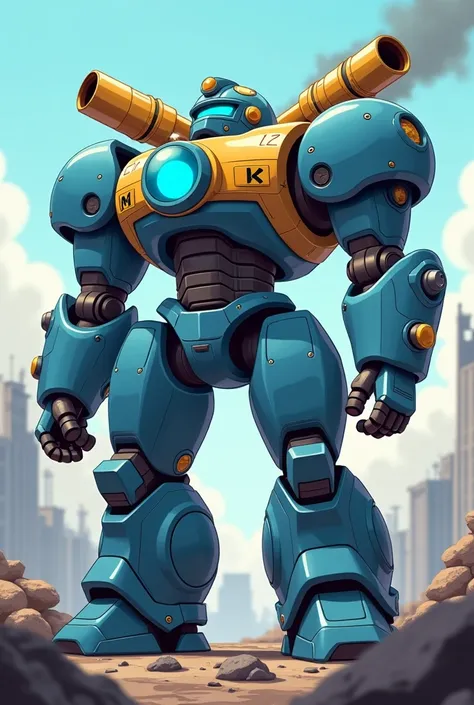 A 3D cartoon art, 4K quality image of a futuristic colossal robot warrior with a color scheme of blue and gold. It is standing on a rocky terrain. The background contains a destroyed city with smoking buildings. There is a large, glowing blue sphere on the...