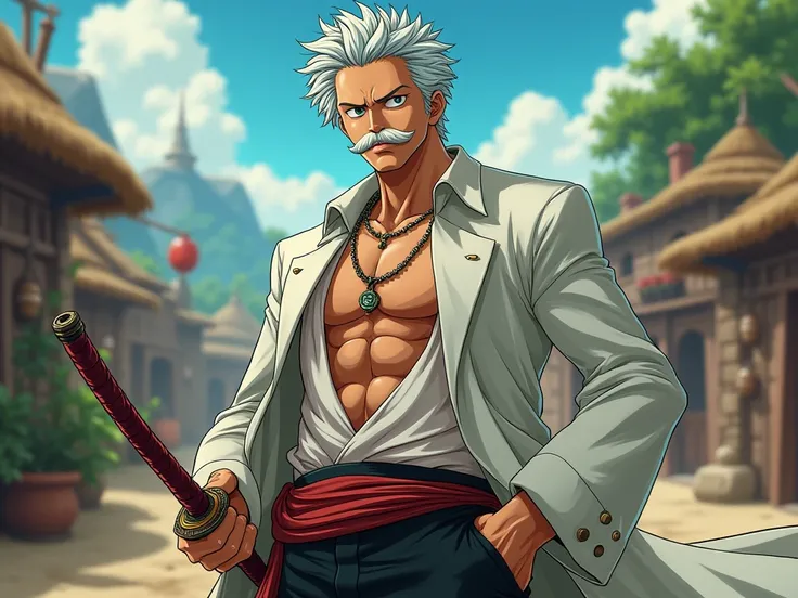 Univers one piece, un homme de 25 ans au cheveux court en crête couleurs blanches il aura les yeux verts et une moustache blanche et il aura un regard enthousiaste il porte une une chemise blanche à moitié ouverte et un pantalon noir élégante il porte un k...