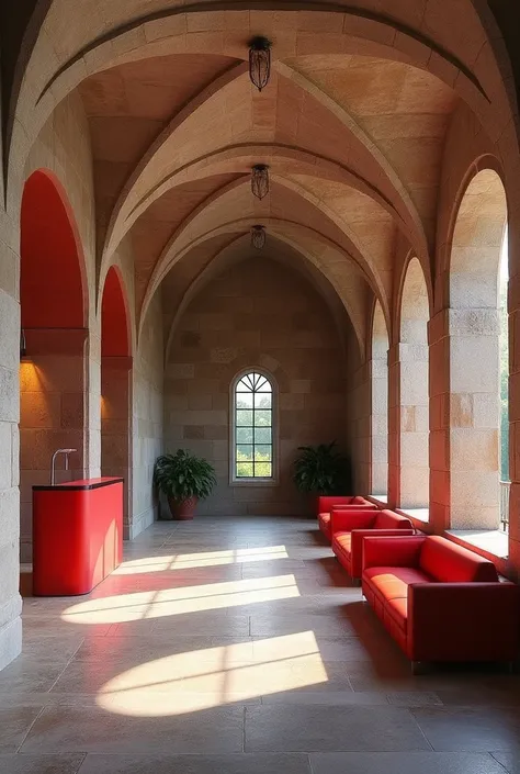  The reception area of a Longevity clinic .  Solid stone walls of Romanesque architecture ,  with its semicircular arches and vaulted ceilings a solid and monumental structure gives .  Small stained glass windows between thick stone walls ,  creates a dim ...