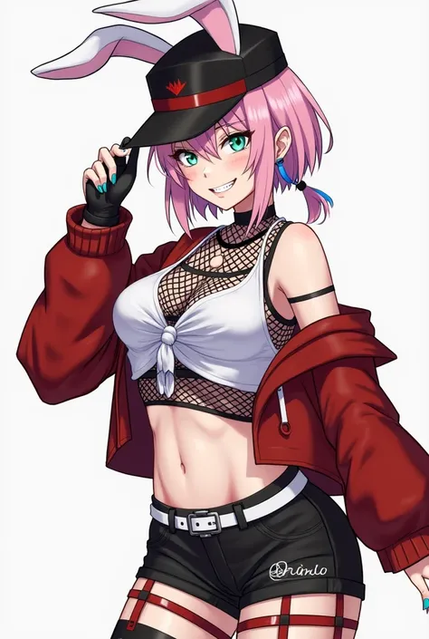 Adult woman, mature, rabbit girl, fantasy, short pink hair, messy bobcut, blue side burns, long ponytail, multicolored hair, light green eyes, pink rabbit ears, stylish black and red cap, red short jacket, one jacket sleeve gone, black shorts, white belt, ...