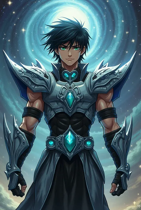 17-year-old young man with black hair and green eyes wearing the armor Livyatan saint seiya armor color silver and black digital painting