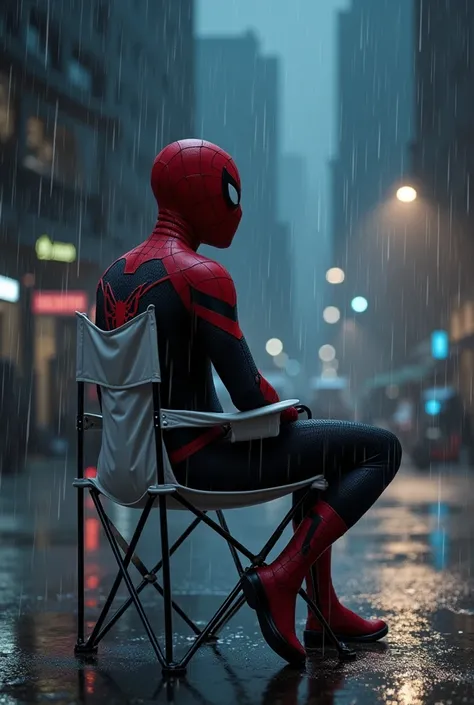 miles morales spiderman sitting in the rain on a white camping chair