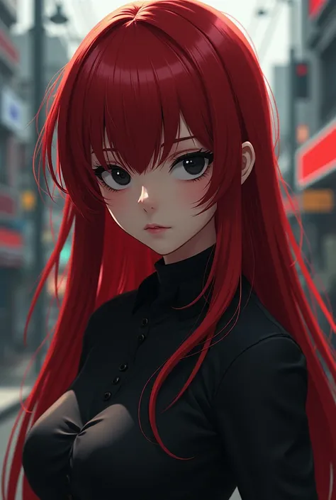 Tokyo Revengers female gender.
 long red hair ,  black eyes, 