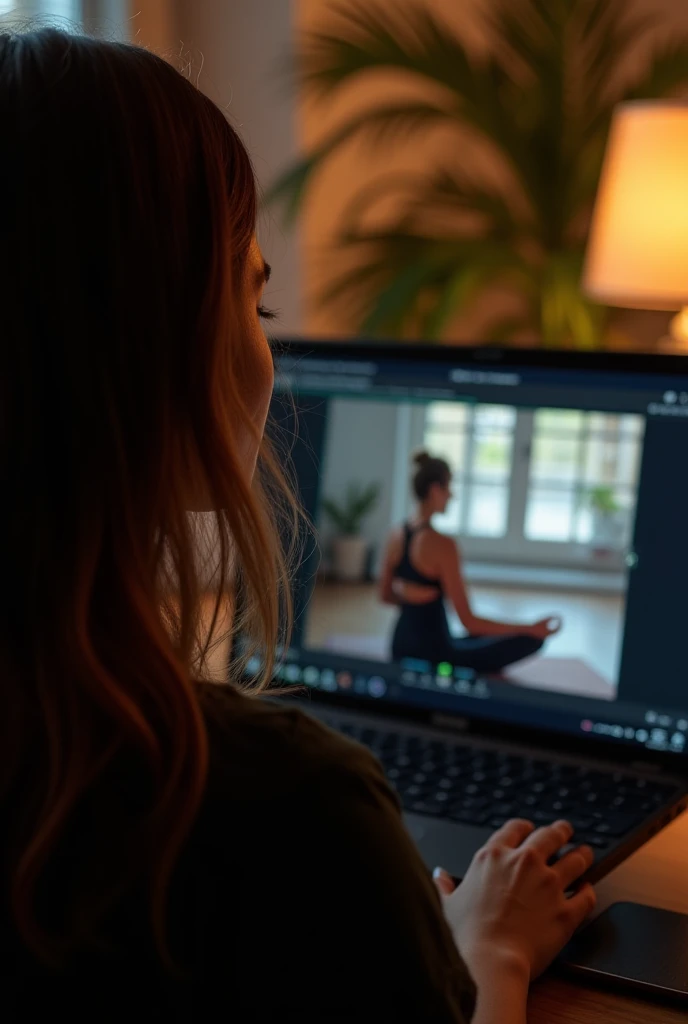 Femme brune de dos, cheveux longs lisses,dans la pénombre, à peine visible, assise devant son ordinateur. Sur l'écran, une visioconférence où 1 personne est allongée sur un tapis de yoga dans son salon. Ambiance chaleureuse, bokeh professionnel, plantes en...