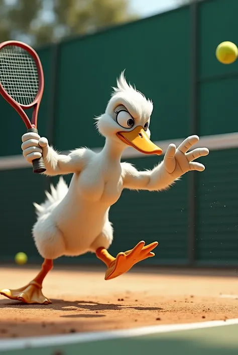 Generate a duck playing padel but very strong
