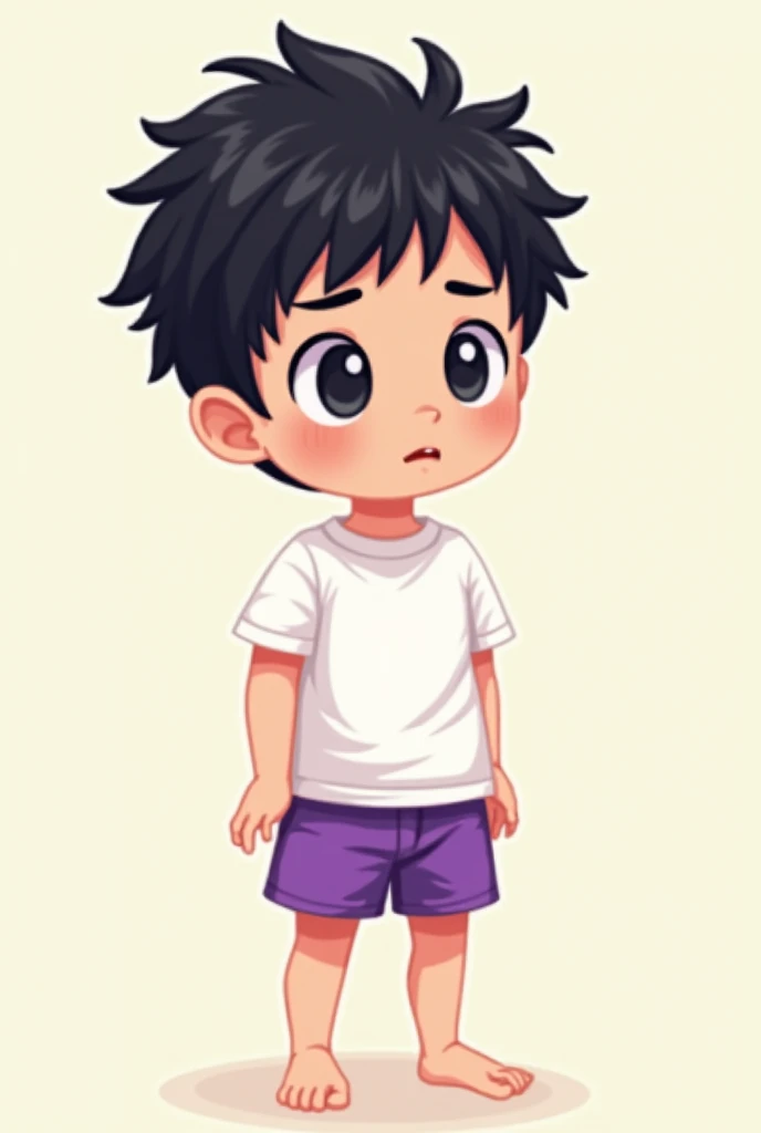  Create a  white-skinned black haired boy ,  I want him wearing purple shorts and a white shirt, Do it pixel art style , I don't want an image of a realistic man 