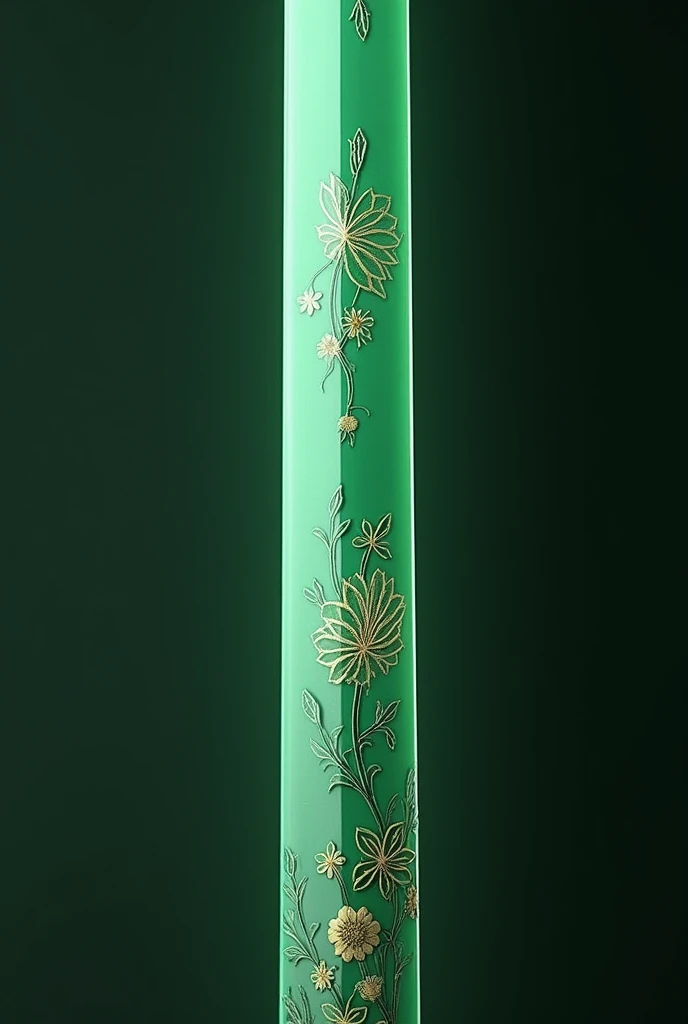 Un design d'une épée katana verte claire avec des motifs de fleurs et des dorures 