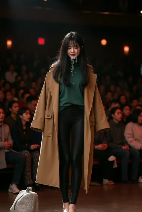  Young Korean woman tall white model with straight black hair ,  wearing elastane leggings up to the black ankles and tight turtleneck dark green long sleeve and brown coat falling from her arms and barefoot with a bag thrown away,  sleeping soundly drooli...