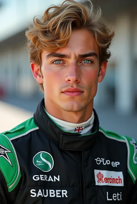  Create a self-portrait of a young man Brazilian Formula 1 pilot in the paddock. His name is Eduardo and his traits are :  white skin,  blue eyes,  medium lips, wavy blond hair and a determined look. He will be wearing a Sauber racing suit (black and green...