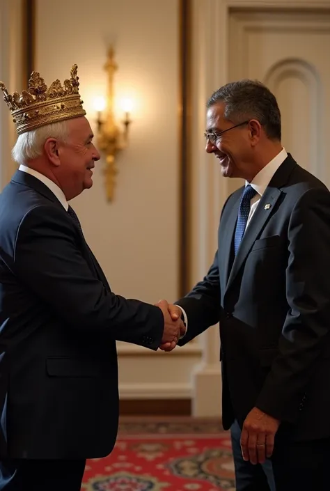 It generates an image of two men greeting each other and shaking hands , one of the men the one on the right dressed as the president of Costa Rica and the other man the one on the left in formal dress with a crown on his head.