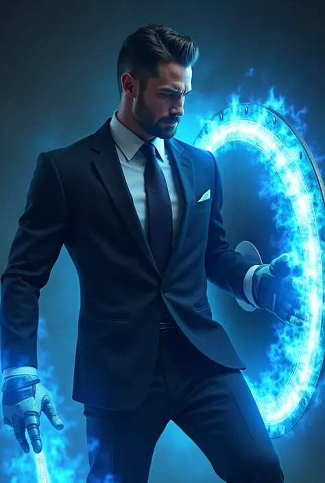 Handsome man wearing a suit and tie with armor wearing a steel shield wrapped in blue fire in combat posture