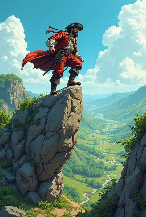 Create an image of a landscape where there is a big rock, not too big or too small, that is in a terrestrial part and that a pirate climbs that rock and that the image is a comic book