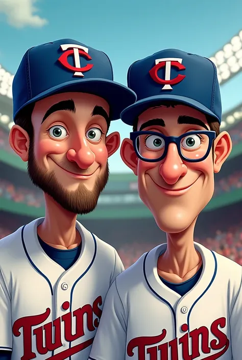 the major league baseball team the Minnesota Twins cartoon logo, but the twins are Jewish and the hats have Jewish stars on them they have big noses and glasses