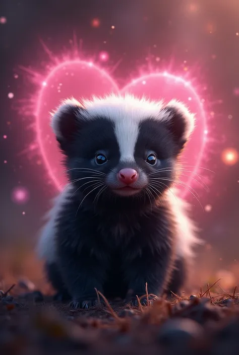  A sweet, fluffy skunk baby, That is in focus in the image. The coat glows and shimmers in black and white shades,  that blend harmoniously .  The color reflects the light and gives the baby skunk an almost magical look. Every movement reflects the light a...