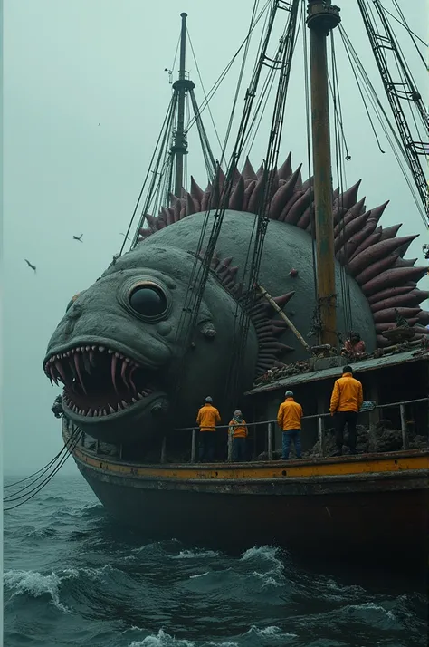  Create a hyper-realistic image of a giant puffer fish inside a large aging Chinese fishing boat with 4 crew members wearing yellow vests.  The puffer fish is in an inflated format ,  with large spines looking dirty .  The puffer fish must have detailed an...