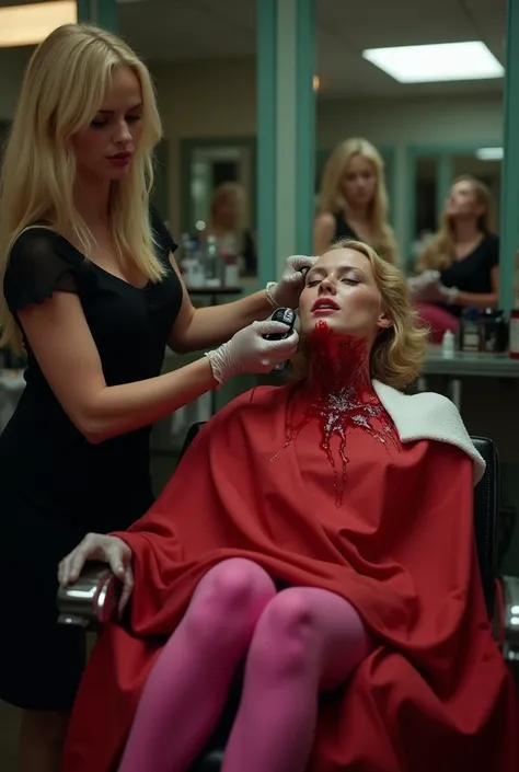 Generate an image of a hair salon where a barber cuts off a blonde woman's nech with a razor while shaving her face. The woman is wearing a black dress ,also on the woman's hands there needs to be nylon gloves, bright pink pantyhose and  black heels on her...