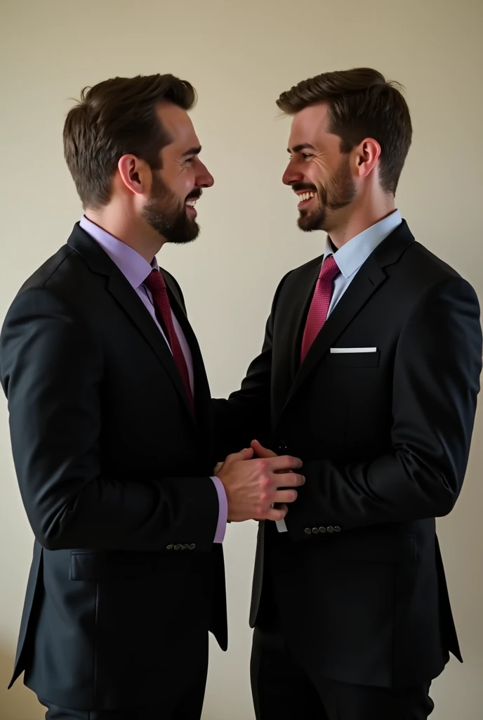 Handsome mature man dressed in a 3-piece black tailored suit with lavender shirt and red tie proposing marriage to his boyfriend a young and handsome man dressed in a black 2-piece suit with a light blue shirt and pink tie both happy and 