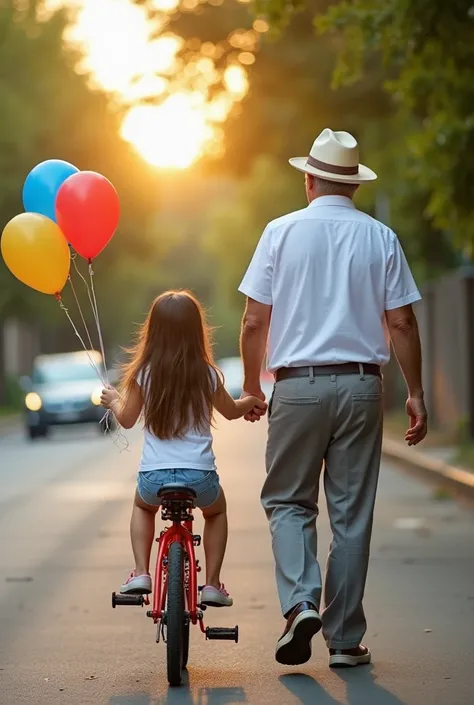 Picture of the back of the girl from the back,  long brown hair ,  sitting on a red chopper bike , with balloons tied to the bicycle accompanied by a grandfather also on his back wearing a white hat and pushing the bicycle with his right hand and the other...