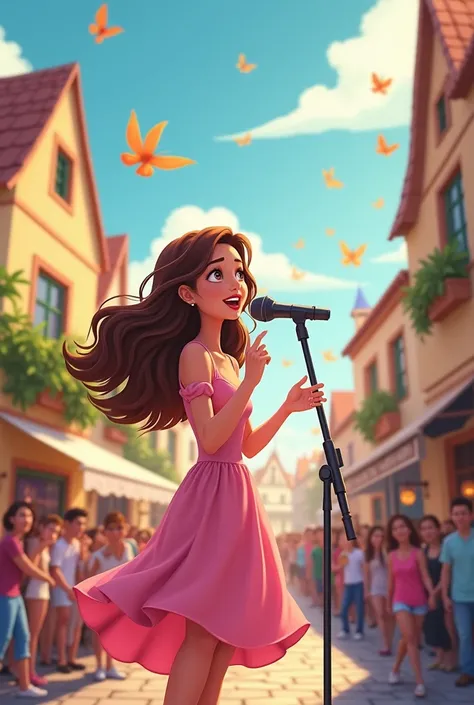  White wavy haired Brown, with pink dress,  singing on the small square with a microphone in their hand,  surrounded by butterflies ,   birds and people enchanted by her voice .  In cartoon form