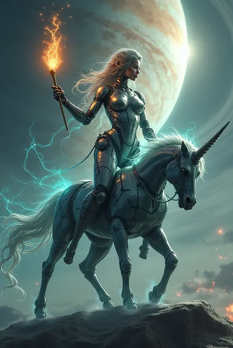  Greek goddess robotized jellyfish atop a diabolical unicorn,  with a torch in her left hand .  she is watching how she controls humans . on the planet Jupiter .  