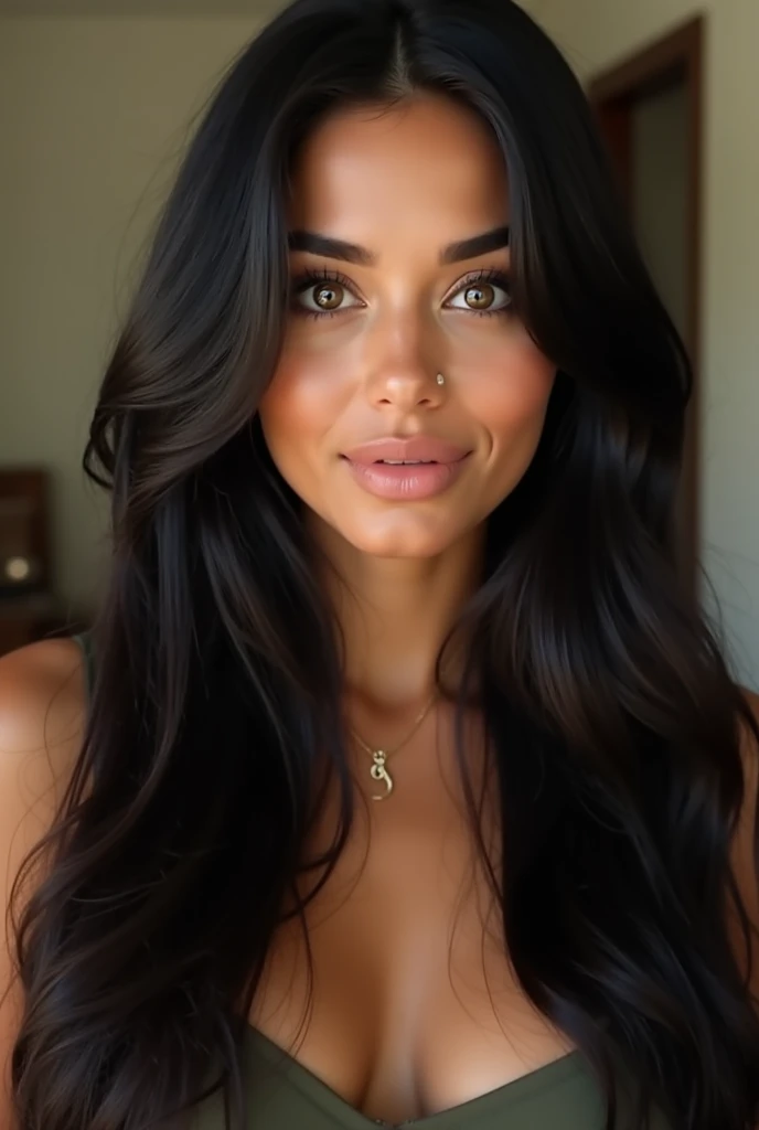 young woman, 20 ans, of Brazilian and Lebanese origin.  Long black smooth hair. straight nose, almond shaped green eyes, slightly slanted with large eyelids, long cils. middle lips , luscious, Cupid's bow drawn. Petit grain de beauté sous l'oeil droit. Wit...