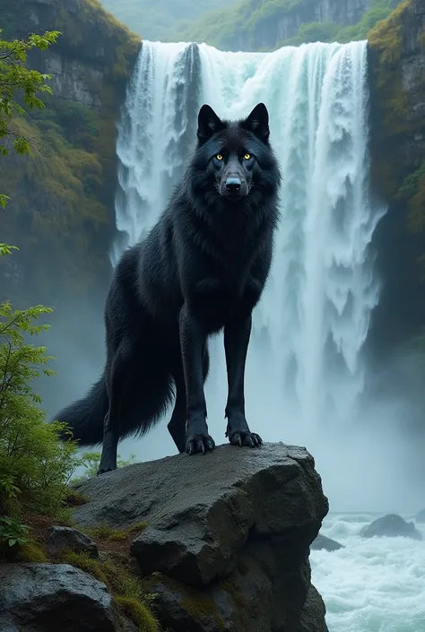 Big black wolf standing at the waterfall alles bewegt sich