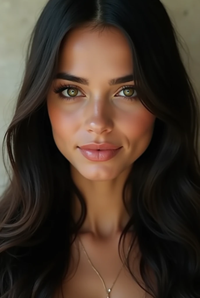 young woman, 20 ans, of Brazilian and Lebanese origin.  Long black smooth hair. straight nose, almond shaped green eyes, slightly slanted with large eyelids, long cils. middle lips , luscious, Cupid's bow drawn. Petit grain de beauté sous l'oeil droit. Wit...