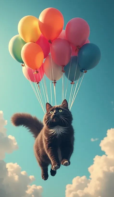 Make a black Persian cat mixed with white that is in a flying space. Like in the movie up make the house float with very many balloons 