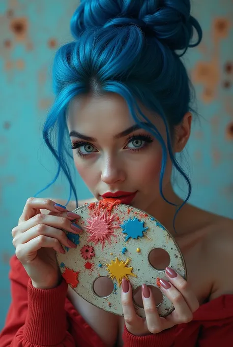 A woman, 25 years old, with blue hair, coquette, fearsome, with hair tied up eating a palette, And he knows how to fight 