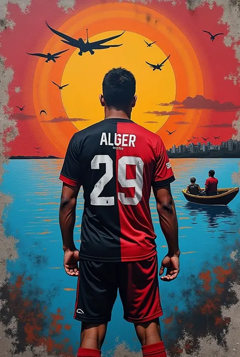 I want a graffiti design for fans of USM Alger (USMA) football club with a man (we can see his back in the first ground ) take a the african cup of the nation with algiers and the sea behind him and a boat with fan wearing black and red shirt so that I can...