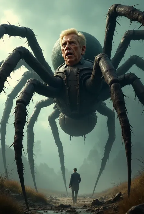 A giant monster with the body of a spider, but above the spider's body and legs is the body of President Trump. 