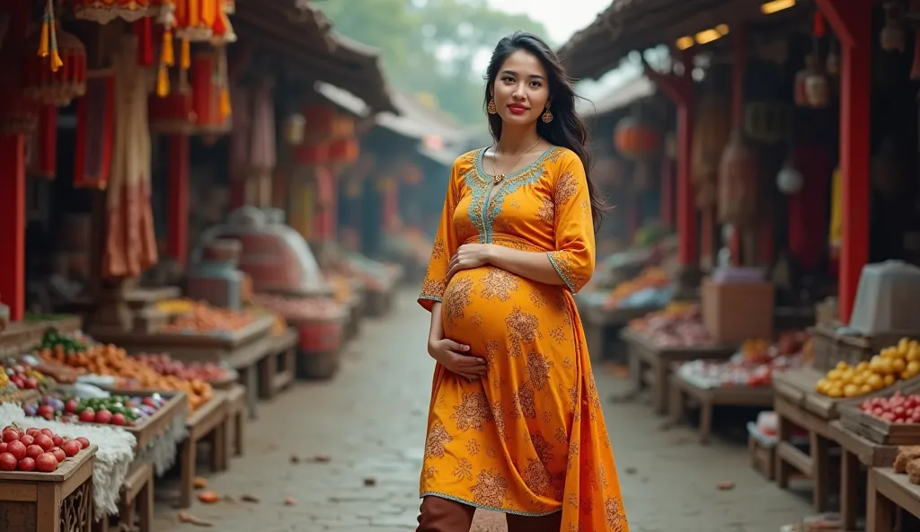 A woman in red yellow china  kurti in Indian style light blue print on neck and brown pant posing in front of camera realistic and master piece more print , pregnant, big breast, walk in traditional market