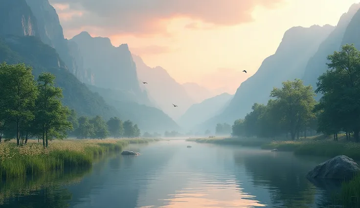 "A serene landscape of mountains covered in a light mist at dawn. In the foreground, a crystal-clear river reflects the golden hues of the sunrise, surrounded by lush trees with vibrant green leaves. In the background, majestic peaks rise against a sky pai...