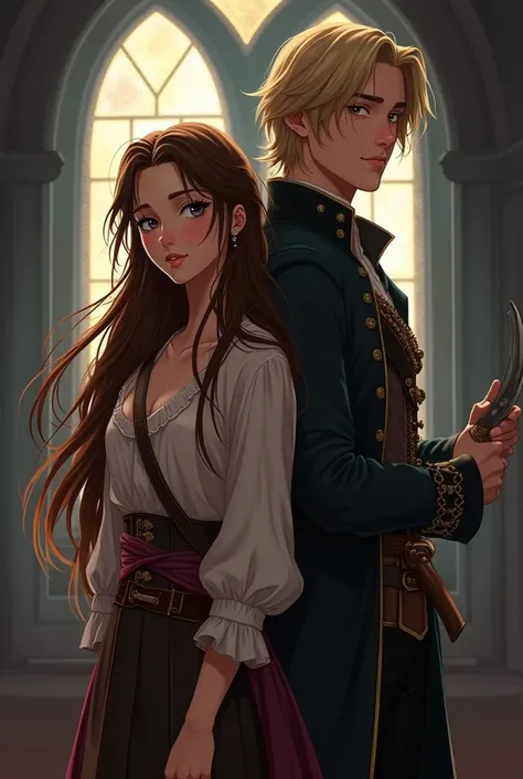  Generate me a book cover where the main character will be midpoint,  teenager with brown hair ,  behind her I want him to stand young , Handsome, blonde hair pirate captain , po drugiej stronie młody, Handsome mężczyzna w czarnym ubraniu z czarnymi włosam...