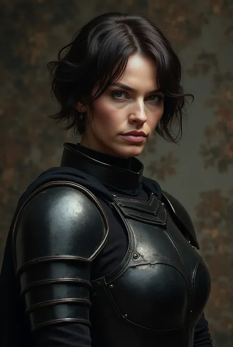 A portrait of a cold, dangerous, confident, proud, ugly, manly, strong, fierce, evil, 55 year old female dark knight with dark brown short hair, black armor, medieval, villain, female fighter, illustration, dramatic lighting, high quality,