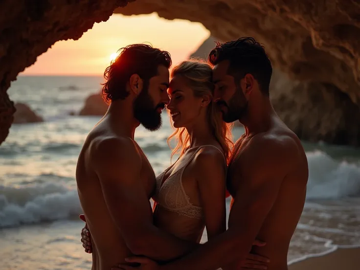 a beautiful woman with two handsome men with beards , The three of them the woman and the two men look at each other with a lot of lust with their eyes closed, her sensually shaped body , inside a cave on the beach with the waves of the sea with orange and...