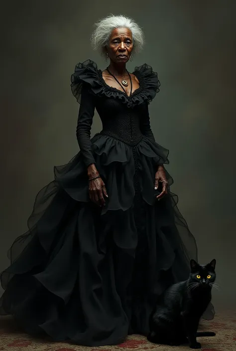 Old black woman in ruffled black dress with black cat 