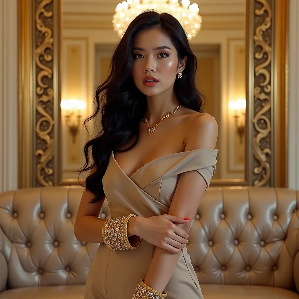 A stunningly seductive asian woman with long, flowing black curls poses confidently in a luxurious European-style hall, leaning against an ornate white and gold-trimmed door with an intense, captivating gaze. She wears a form-fitting beige jumpsuit, unbutt...