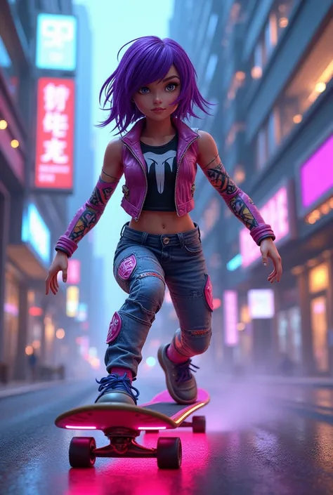 Female Roblox character with gamer skin and purple hair ON A SKATEBOARD