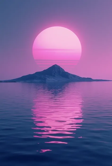  A landscape of a deserted island surrounded by water on the moon, sea view with a beautiful purple sunset , rose, blue. Abstract minimalist photography style , minimaliste abstraite, avec du grain