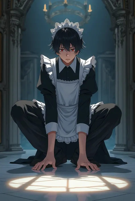 anime handsome boy, short black hair, wearing maid short dress and cleaning the floor,feeling sad.