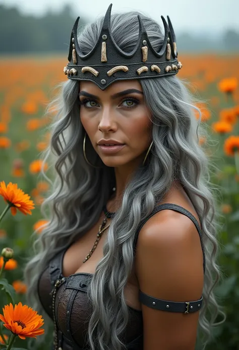 Picture of a beautiful still very young looking kim kardashian as a viking woman warrior she is 50 years old with long curly gray hair and hazel eyes, wearing a crown made of iron and human bones Standing in a flower field
