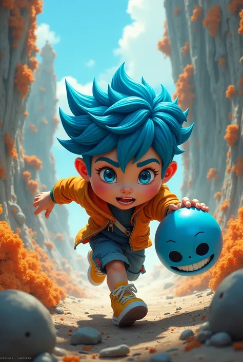 A boy with blue hair running around with a scared blue sphere