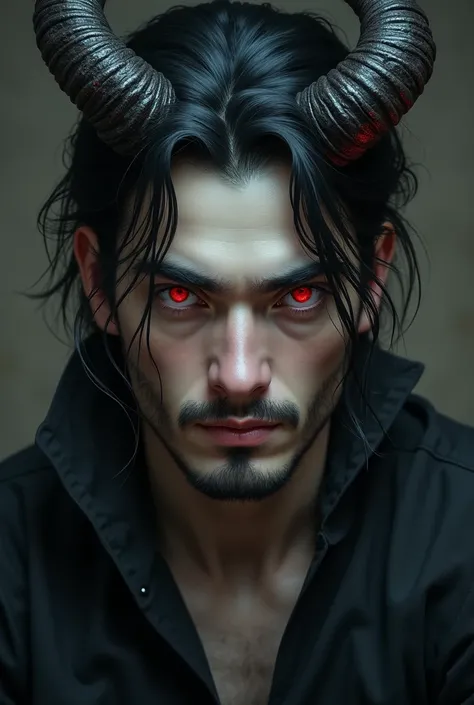 Create a photo of the demon of silence , He is a handsome 34-year-old fair-skinned boy with curved demon horns and a beautiful goatee with red eyes and dark black hair