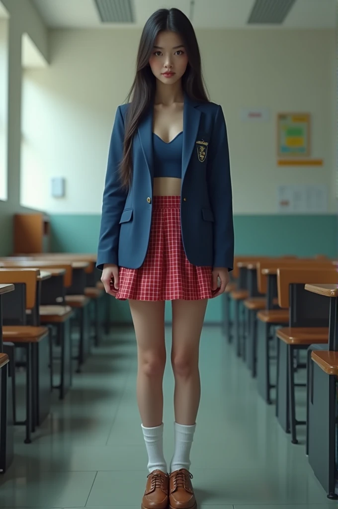   Hi-Res,(  photorealistic: 1.4,RAW shooting),  school classrooms,  18 year old girl ,  long dark hair,  realistic skin texture,Systemic manifestations, in a blue bathing suit, blue blazer,  Open the red check skirt of ,  white socks,  brown shoes