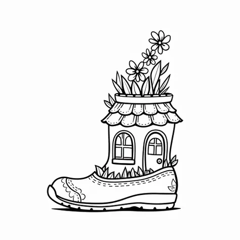 Create a cute and comfy coloring book illustration . The design should feature simple yet charming details with clear outlines for easy coloring.A small house on a shoe with flowers on the top and plants, and it has windows, a door, tiles, and plants, with...